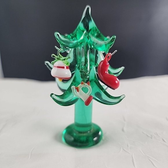 4" Solid Green Art Glass Christmas Tree with 5 Tiny Art Glass Ornaments - Picture 2 of 7